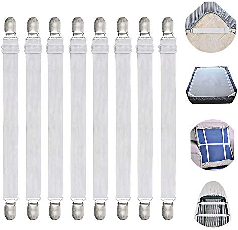 Adjustable Bed Sheet Straps Suspenders Elastic Sheet Fasteners Grippers Suspenders Clips for Flat & Fitted Sheet Corner Holder,Ironing Board Cover, Mattress, Cribs, Sofa Cushion& More(Short type)