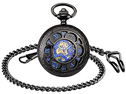 MICGIGI-Unisex Taschenuhr mit Kette Analog Handaufzug Ziffern Retro Hohlen Mechanische Taschenuhren