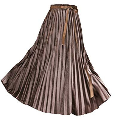 Frauen-Faltenrock Damen Midi-Rock A-Linie Rock Frühling und Herbst Akkordeon-Falte-Rock-Hoch-Taille Velvet Fließende Hem Röcke mit Bogen,Champagne,S