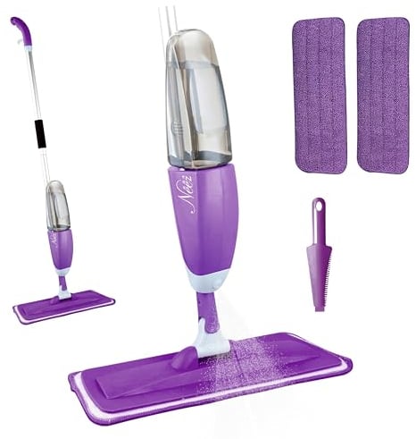 Neez Mocio Lavapavimenti a Spruzzo - Professionale Spray Flat Mop con 600ml Acqua Serbatoio per Pulizia Casa - Microfibra (Spruzzino Scopa con 2 Ricambio Mop Copri - Viola)