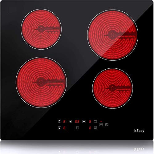 IsEasy Ceramic Hob 60cm, 6000W Built-in Electric Hob with 4 Cooking Zones, Cooktop with Black Glass, Touch Control, Child-safety Lock&Timer