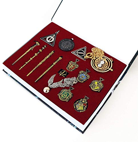 TANSHOP Zauberer Zauberstab Set Cosplay Spielzeug für Kinder mit Schlüsselbund, Halskette, Schulabzeichen und Ringen, Dumbledore Voldemort Zauberstab In Einer Geschenkbox