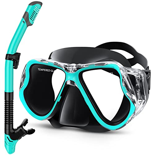 Greatever Dry Snorkel Set,Panoramic Wide View Anti-Fog Scuba Diving Mask,Professional Snorkeling Gear for Adults Kids
