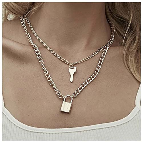 Andelaisi Boho Key Lock Necklaces Chain Padlock Pendant Necklaces Gold Lock Chain Necklace Chunky Link Chain Necklace Gold Layered Curb Chain Necklaces Jewelry for Women and Girls
