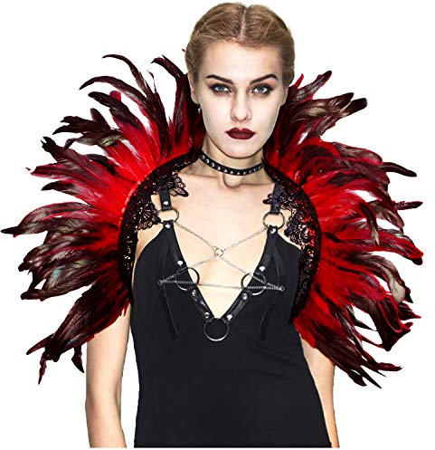 keland Damen Gothic Feder Umhang Kragen Capelet Federkragen Federumhang Flügel Schulter Gotisch Halloween Maleficent Kostüm(Rot)
