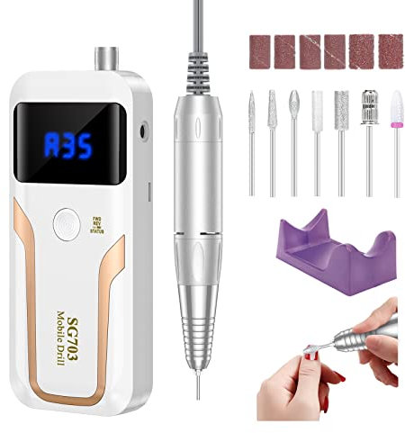 Portable Nail Drill Professional 35000 RPM, Rechargeable Electric Nail File Machine E File for Acrylic Nails, White
