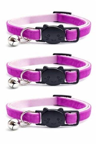 Velvet Cat Collars with Bell. Safe Breakaway Quick Release Buckle. Available in Cat & Kitten Size (Pack of 3) (Cat Collar (20cm - 30cm), Purple Velvet (Pack of 3))
