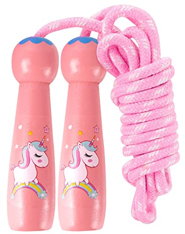 AYNKH Springseil für Kinder mit Holzgriff, verstellbar, rosa, weiche Baumwolle, Springseil für Schule, Spiel, Outdoor-Aktivität, Fitness, Übung für Mädchen und Jungen