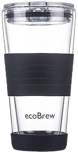 Glass Reusable Coffee Cups | Double Walled Insulated Cup for Hot and Cold Drinks | 16oz / 450ml Eco-Friendly Glass Travel Coffee Mug with Lid | Black