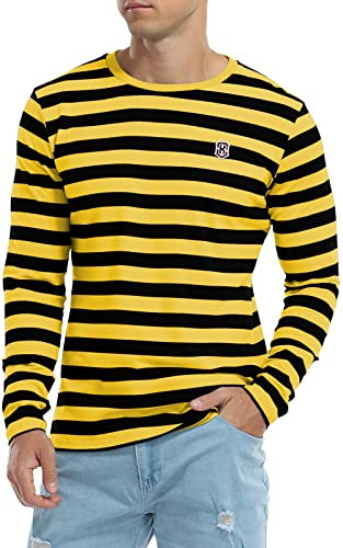 KUYIGO Men's Long Sleeve Striped Top Embroidered Cotton Shirt XL Black Yellow