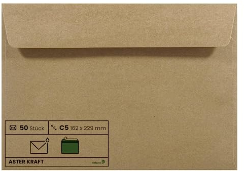 Netuno 50 Briefumschläge Kraftpapier DIN C5 162 x 229 mm 100g Aster Kraft große Umschläge C5 haftklebend für Einladungs-Karten elegante Umschläge Recycling Briefhüllen Natur Papier Briefkuverts Braun