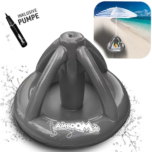 Airboom - Paragüero hinchable para sombrillas de playa, incluye bomba, enfriador de bebidas, soporte para sombrilla, playa, camping, protección solar (gris)