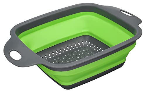 sourcing map Colador plegable, colador cuadrado plegable de silicona con asa, ahorro de espacio, adecuado para pasta, verduras, frutas, verde, grande