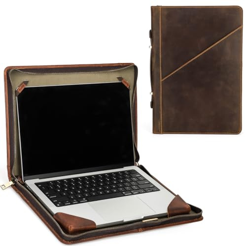 CONTACT'S FAMILY Zipper Folio Compatible with MacBook Pro 16.2”, Genuine Leather Laptop Sleeve Protective Folio Book Case for 16.2 Inch MacBook Pro(Coffee)
