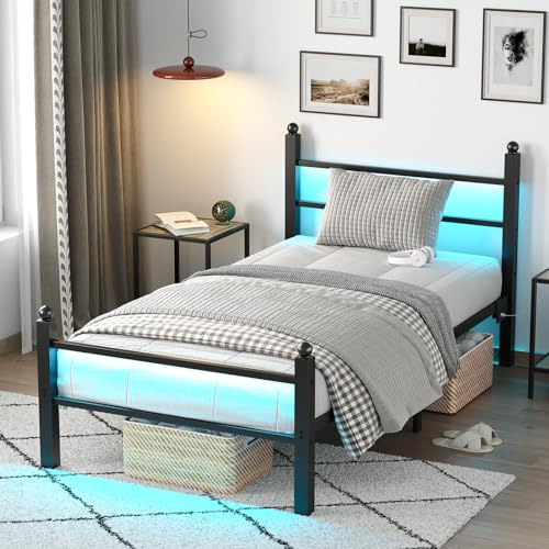 CollaredEagle Twin Bed Frame with LED Lights and Charging Station, Black