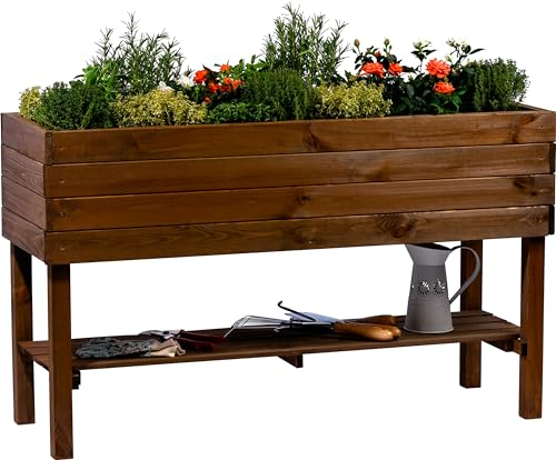 dobar® Großes Hochbeet Massivholz mit Ablage inklusive Pflanzfolie - Erhöhter Pflanzkasten 100 L - 117 x 40 x 80 cm - Dunkelbraun