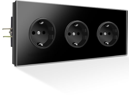 PANGTZEEN Schuko Steckdose mit Kralle 3 Fach Vollspiegel Gehärtetem Glas 224mm Dreifach Wandsteckdose 16A Unterputz Einbausteckdose Schwarz Für Wohnzimmer, Schlafzimmer, Küche, Büro