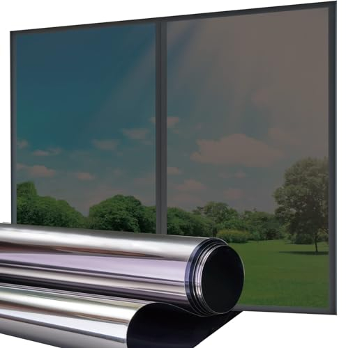 Lifetree Fensterfolie Spiegelfolie Wärmereflektion Selbstklebend Sonnenschutzfolie Wärmegrad Kontrolle Fensteraufkleber Privatsphäre Anti-UV Fenstertönung Glatt Fensterfolie 90x300cm Schwarzes-Silber