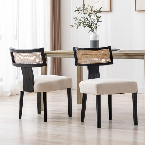chairus Küchenstühle 2er Set Esszimmerstühle Holz Vintage Seitenstühle Polsterstuhl mit Rattan Rückenlehne für Wohnzimmer (Schwarz)