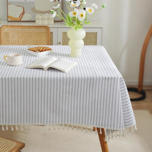 meioro Gestreifte Tischdecke Rechteckige Tischtuch mit Quasten, Abwaschbare Tischdecken Dekorative Tischwäsche für Küche, Esszimmer und Tabletop (Grau/Weiße Streifen,140x220cm)