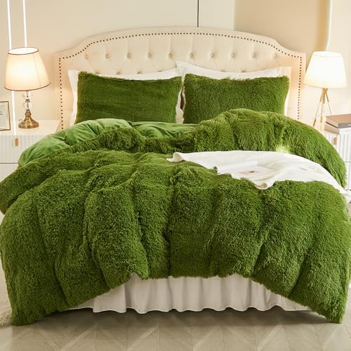 EMME Plüsch Bettwäsche Set 200x200cm Biber Flauschige Bettdecke Set für Bett Shaggy und Plüsch weiche Bettwäsche Bettbezüge und 1 Kissenbezug 2 x (80x80cm), Grasgrün