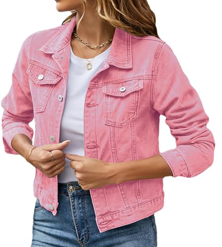 Momuk Giacca di Jeans per le Donne Pulsante su Solido Colore Vintage di Base a Manica Lunga Denim Giacca Cappotto (Rosa L)