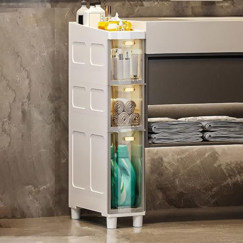 CONGRUI Armoire de rangement étroite, haute et fine, à 3/4/5 niveaux, organiseur latéral avec tiroirs et roulettes en plastique, commode étroite et robuste pour papier toilette (transp