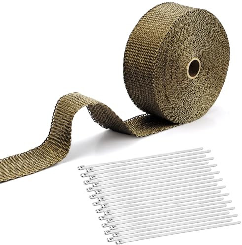 12M Hitzeschutzband Auspuff Dichtband Basaltfaser Auspuff Bandage mit 20 Kabelbinder Edelstahl Hitzeschutzband Selbstklebend für Fächerkrümmer Thermoband Krümmerband Auto Motorrad Auspuff (Titan Gold)