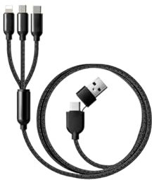 Jembe - Câble de charge multi-USB - Lot de 1 - Câble Nylon Tressé 3 en 1 Prend en Charge Micro USB, Lightning(iPhone), Type-C - Chargeur Mural 2 en 1 - USB Type-A & C - Noir (1.2m)