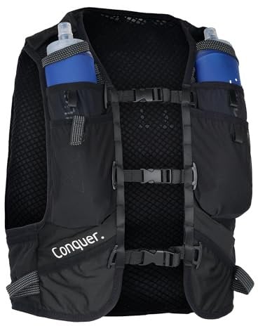 Conquer. Laufweste 15L mit 2X faltbaren Trinkflaschen | Damen & Herren | Ultraleicht Trinkrucksack, Laufrucksack mit Handytasche zum Joggen, Laufen, Running Vest