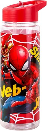 Top Linen (NW) Ltd Marvel Spider-Man Water Tracker Bottle Flip Up Straw Official Marvel Merchandise Kids Reusable Non Spill Recyclable Plastic,650 ML, Red, Pack of 1