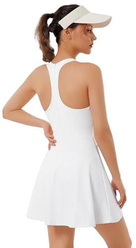 Bezioner Tenniskleid Damen Racerback Golfkleid mit Integriertem BH Shorts Taschen Reißverschluss Tennis Outfit Sportkleider Weiß M