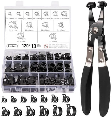 Toolwiz 120 Fascette Stringitubo a Molla da 7-22 mm con Pinze Girevoli per Tubo Flessibile, 13 Misure, Assortimento di Fascette a Molla Tipo per Tubo del Carburante