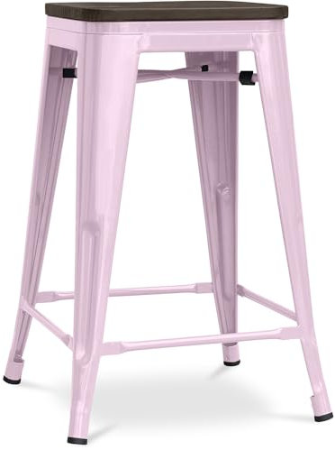 Iconik Interior Tolix Style Taburete de bar - Diseño industrial - Madera y acero - 60 cm - Stylix rosa pálido