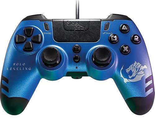 Lexip - Manette de jeu filaire, Design Solo Leveling White Tiger Guild, Sortie casque (jack 3,5 mm), Design Exclusif, Finition Gravée, Compatible avec PS4 et compatible avec PC, Bleu Irisé