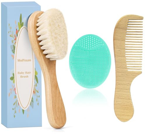 MolYuan Baby Hair Brush, Goat Bristles Brush and Baby Cradle Cap Brush Set for Cradle Cap Wood Bristle for Newborns and Toddlers (3PCS (Green Silicone Brush+Hair Brush+Wood Comb))