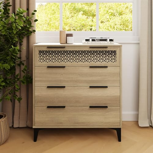 GFW Ezra 4 Drawer Chest, Oak Effect Chest of Drawers with Geometric Detail & Black Metal Legs
