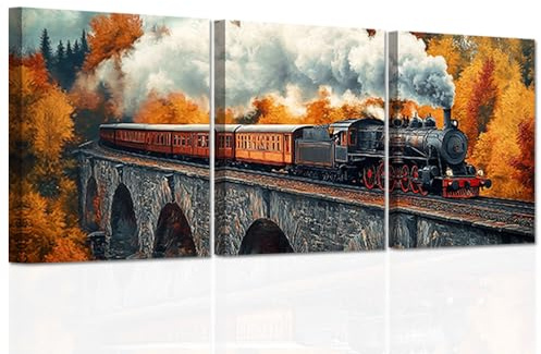 CCWACPP Zug-Leinwand-Wandkunst 3 Paneele Herbstwald Gemälde Druck Dampfzug Bild Eisenbahn Poster Landschaft Kunstwerk Wohnzimmer Büro Dekor gerahmt (28x35cmx3)