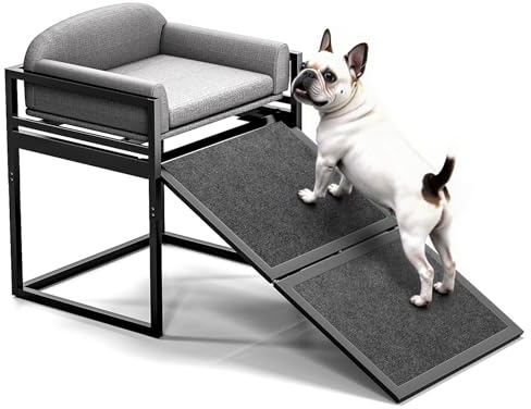 AZV Non Slip Dog Stairs Ramps for High Bed,Extra Wide Seat Chairs Mate for Small Puppy,Metal Frame Steps for Doggie to Get on Bed with Platform,Office Window Old Doggy Couch,Dachshunds Ladder Grey