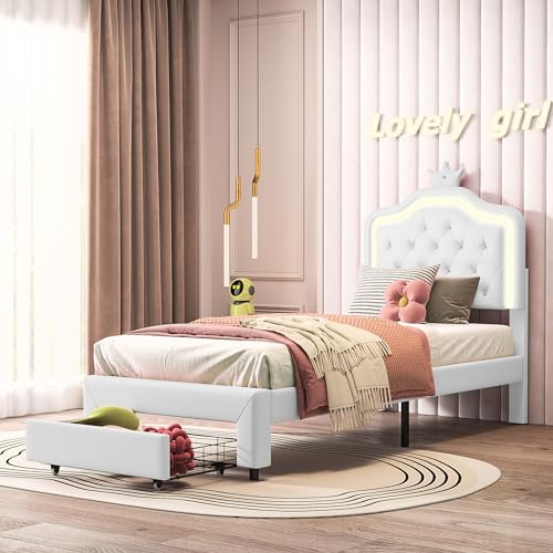 DAHUEN Kinderbett 90x200, Polsterbett für Mädchen mit Höhenverstellbarem Kopfteil und Lattenrost, Einzelbetten Mädchenbett Prinzessinnenbett Jugendbett Bettgestell, PU (Weiß-B, 90 * 200cm)