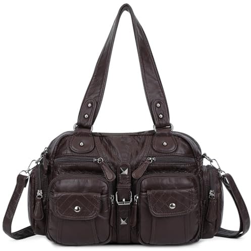 VINBAGGE Damen Handtasche Große Schultertasche PU Leder Henkeltasche Frauen Weiches Hobo Tasche Umhängetasche für Reisen Schule Shopping Mädchen,L-Braun