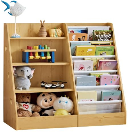 Kinder Bücherregal mit 5 Bücherdisplays und 4 Ablagefächer, Groß Holzfarbe Kinderregal Büchergestell für Kinde, Holz kinderbücherregal Spielzeug-Organizer für Kinderzimmer, Kindergarten, 90x40x80cm