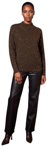 Roman Originals Diamante Sequin Jumper for Women UK Ladies Sparkly Glitter Sweater Embellished Smart Casual Autumn Winter High Neck Knitwear Knitted Pullover - Chocolate - Size 18