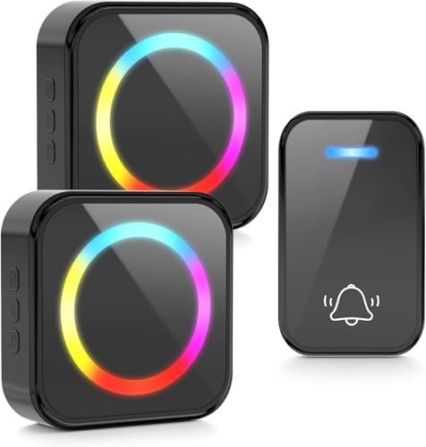 Vexloria Wireless Doorbell with 2 Receivers, Colorful Plug-in Cordless Door Chime Kit with 1076feet / 150m Range, 63 Chimes, 5-Level Volume & RGB Light, Waterproof & Easy Installation for Home size1