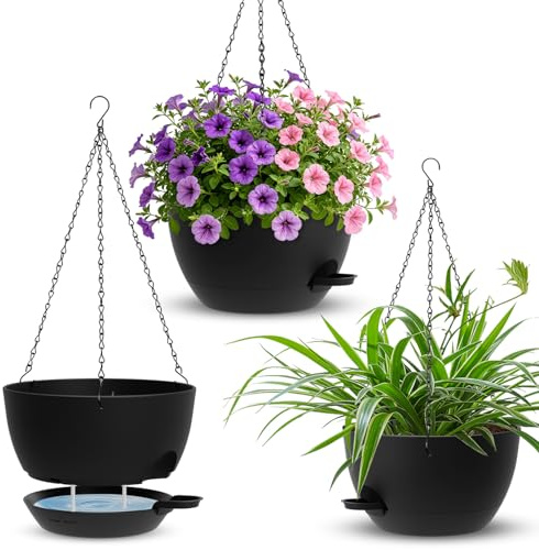 Set of 3 Hanging Baskets for Indoor Outdoor Plants, 10 Inch Self Watering Hanging Planters with Drainage Holes & Removable Water-Storage Tray, Plastic Hanging Flower Pots for Ivy, Pothos, Ferns