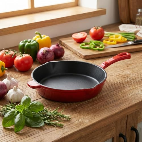 Casativo Gusseisen Pfanne Rot Ø 26,3 cm mit Ausgiesser, hochwertige Bratpfanne aus Guss für Induktion, Grillpfanne emailliert für Fleisch und Gemüse, 26 cm