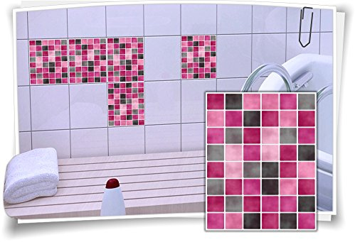 Medianlux Fliesenaufkleber Fliesenbild Fliesen Fliesenimitat Aufkleber Mosaik Pink Schwarz, 8 Stück, 20x25cm
