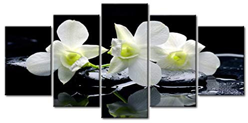 decomonkey - Impression sur Toile Intissé Fleurs Orchidee 200x100 5 Pièces - Tableau Décoration Appartement Cadre en Bois Déco Salon Peinture sur Toile Maison Fleurs nature orchidées plantes