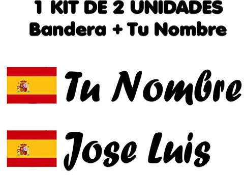 Pegatina Vinilo Bandera España + tu Nombre - Bici, Casco, Pala De Padel, Monopatin, Coche, Moto, etc. Kit de Dos Vinilos (Pack Fuentes 2)