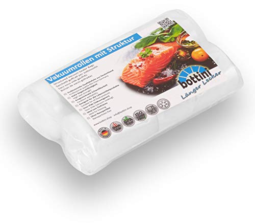 2 x BOTTINI Vakuumrollen mit Struktur 15cm breit 6m lang goffriert Sous Vide Folien in Profiqualität mit Siegelrand und Struktur Vakuumbeutel für alle Vakuumierer